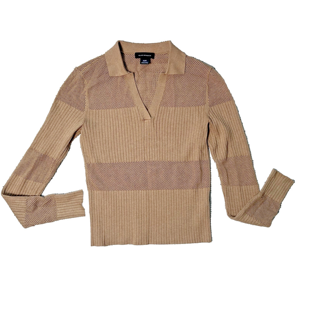 Club Monaco Camel Mesh Knit Ribbed Polo Sweater XS